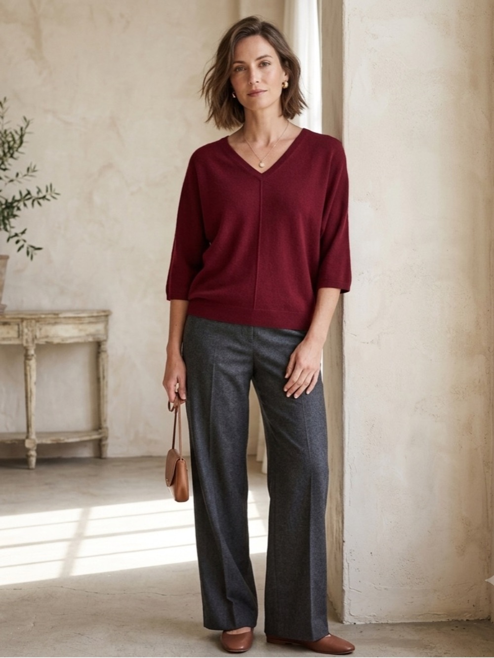 R/Label V-Neck Sweater in Deep Wine cashmere